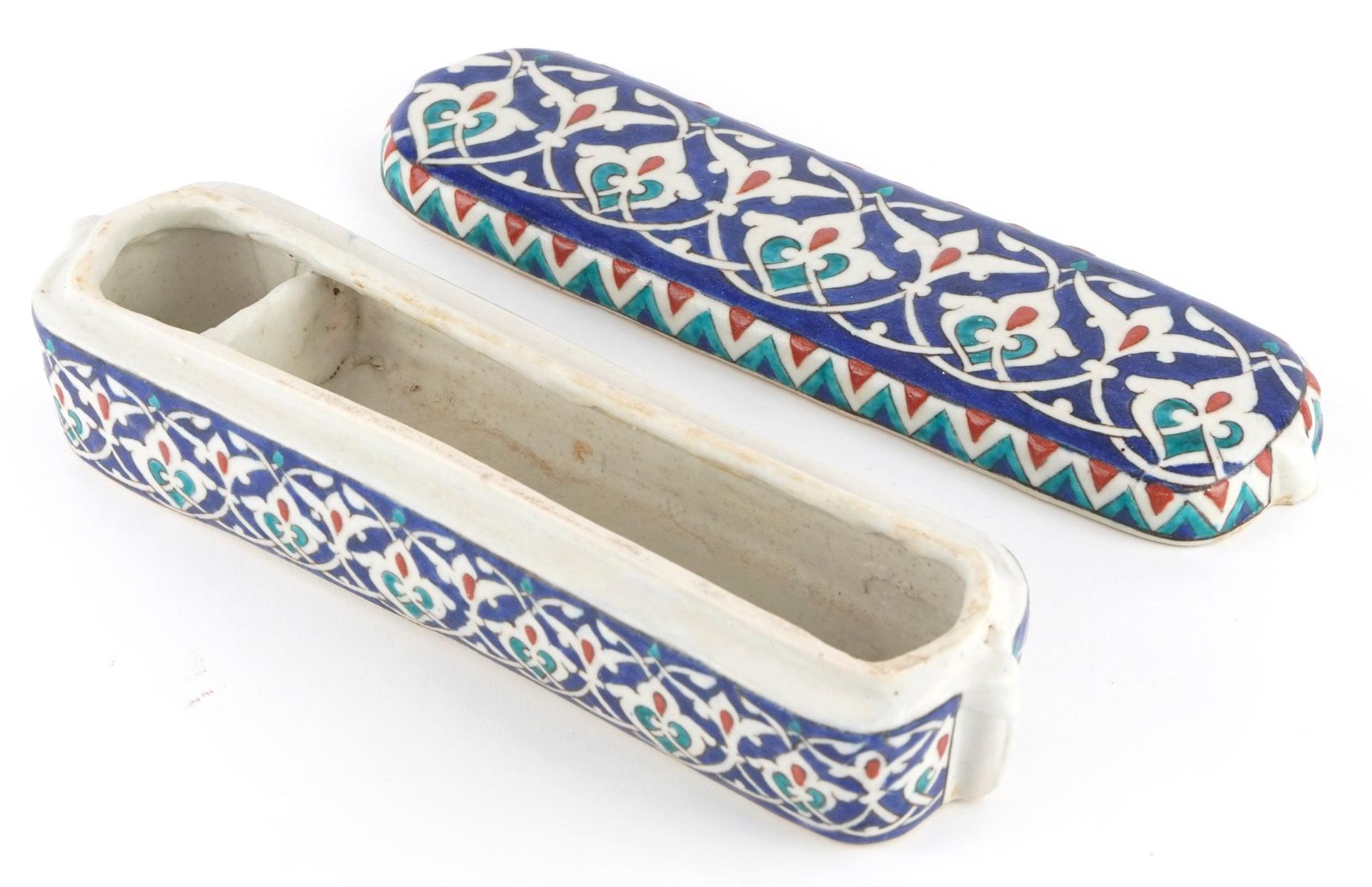 Turkish Iznik pottery pen box and cover, 23.5cm in length - Image 3 of 10