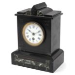 Victorian black slate and marble mantle clock with enameled dial having Roman numerals, impressed