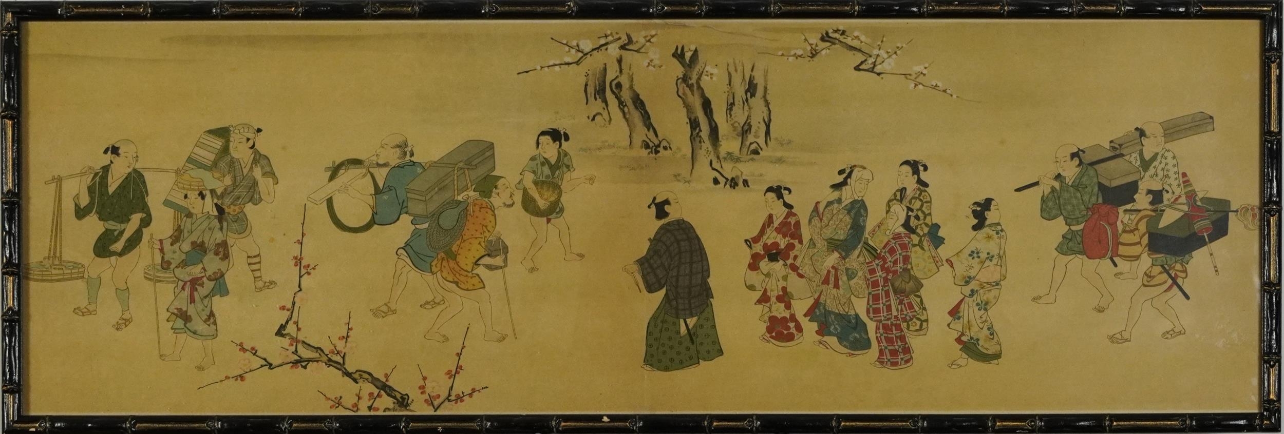 Figures and blossom trees, Chinese watercolour on silk, glazed, housed in a bamboo design frame, - Image 4 of 6