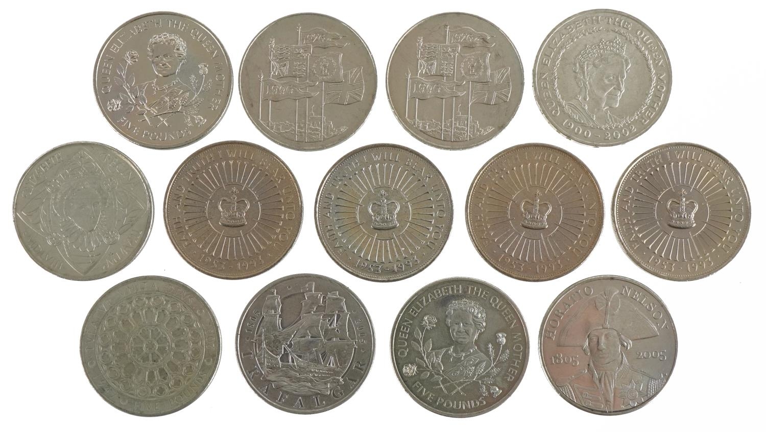 Thirteen Elizabeth II five pound coins, various designs