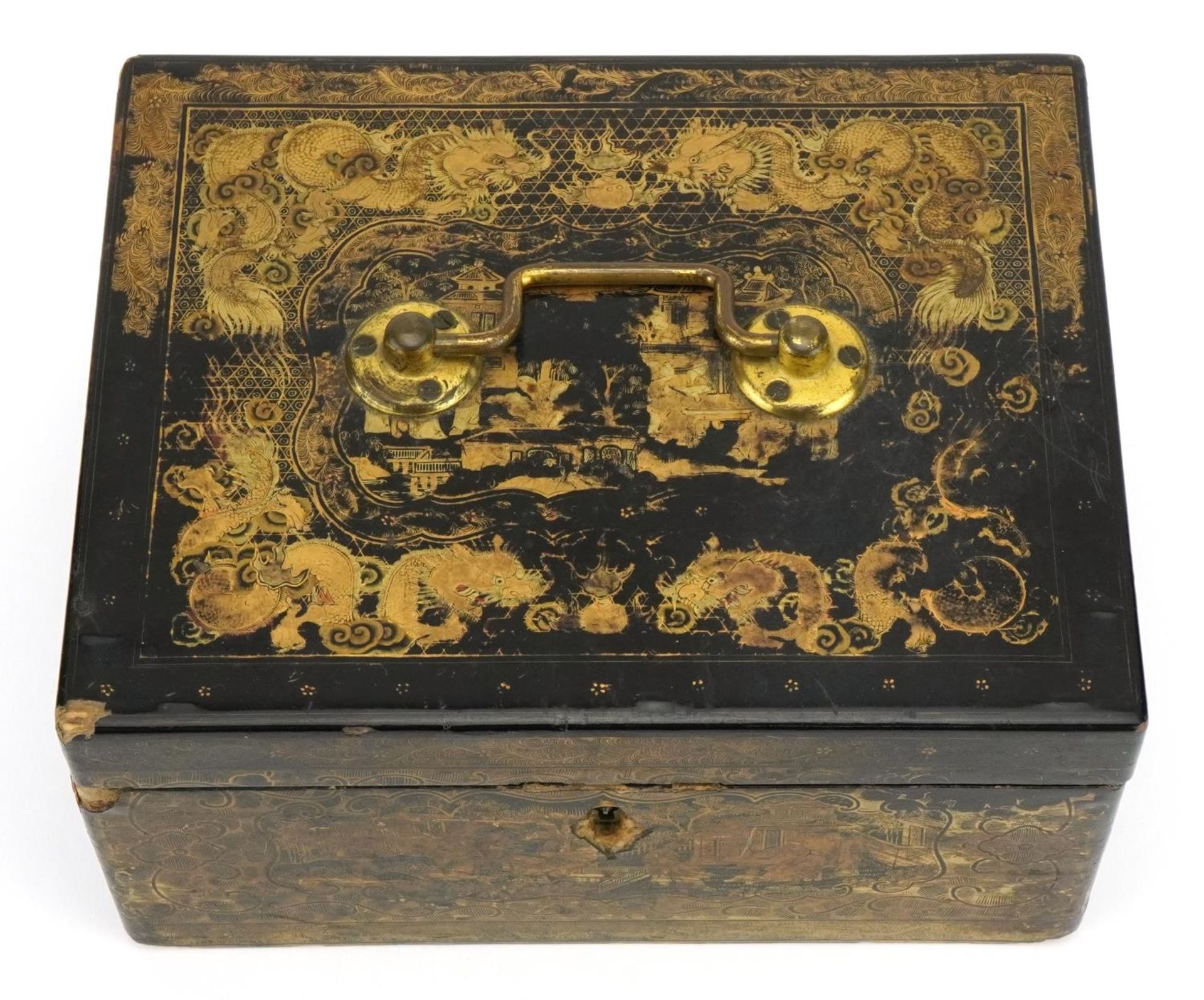 Chinese black lacquered tea caddy with pewter liner, finely gilded with dragons and figures, 10. - Image 8 of 9