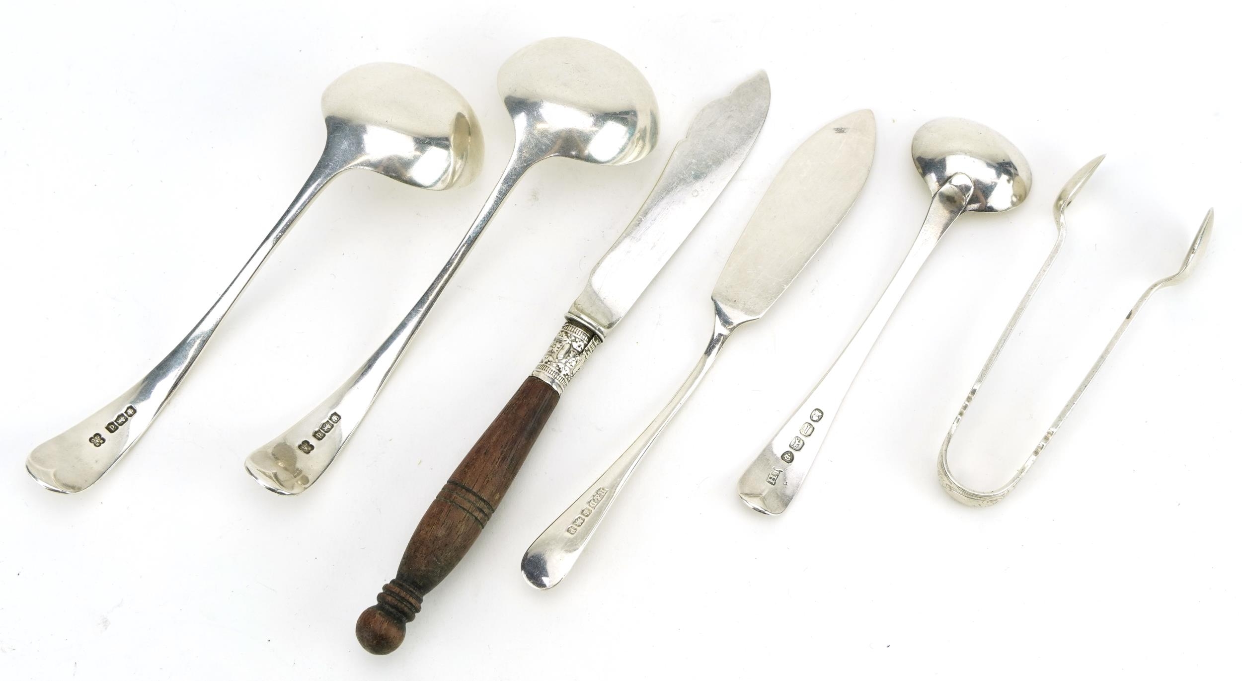 Silver flatware including a pair of ladles and sugar tongs, various hallmarks, the largest 13cm in - Image 3 of 6