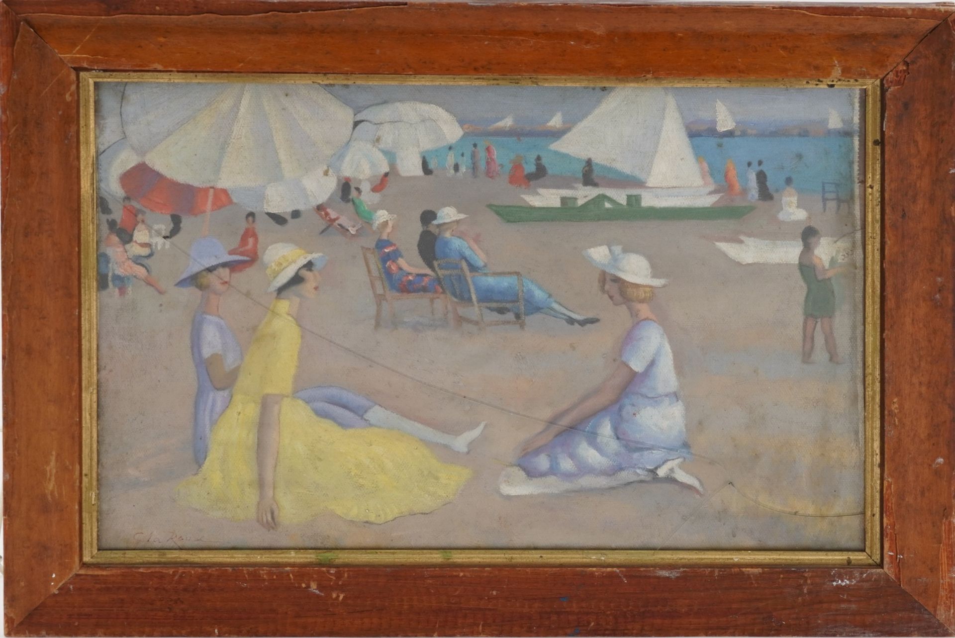 Seated females on a beach, French school oil on board, mounted and framed, 42cm x 27.5cm excluding - Image 2 of 5