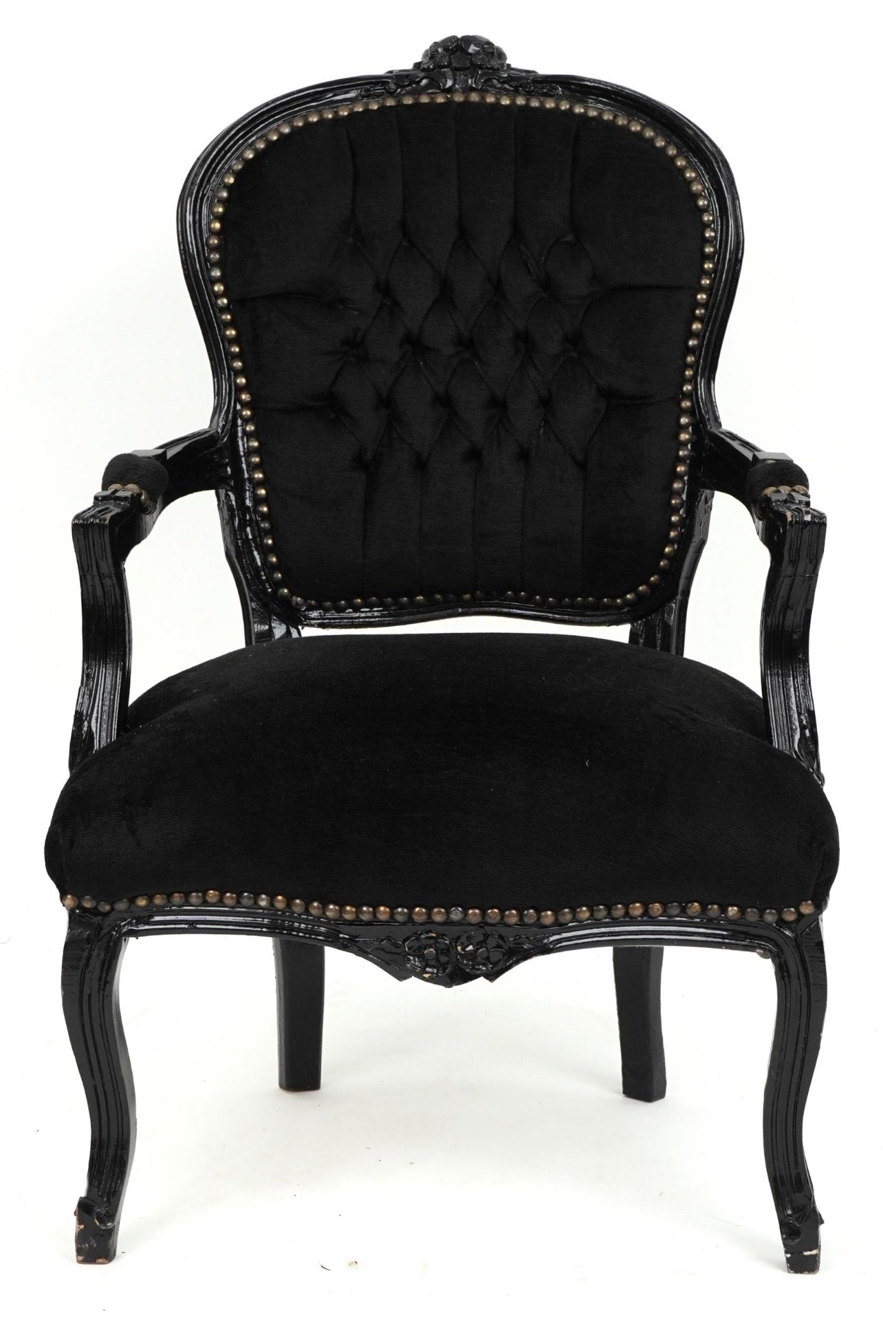 French style black painted elbow chair with button back upholstery, 92cm high - Image 2 of 4