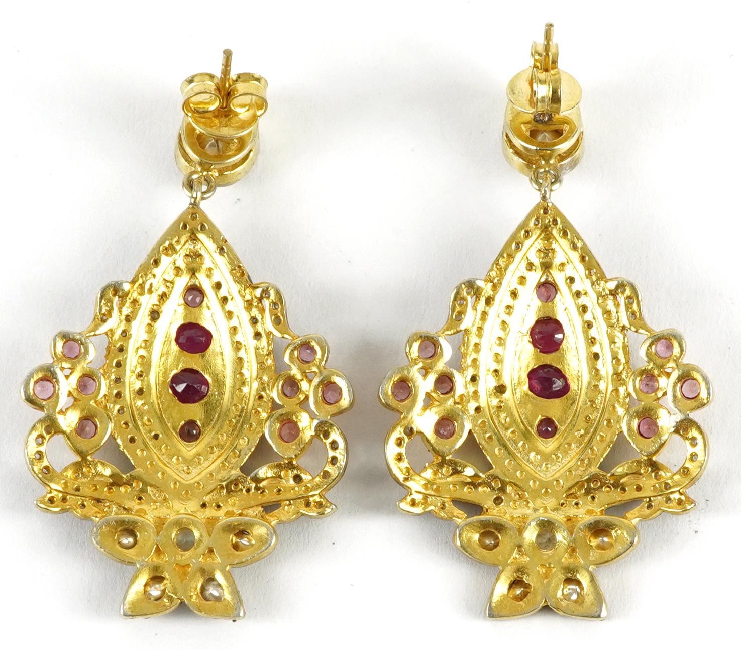 Pair of large Indian silver gilt diamond drop earrings set with rubies and garnets, 5cm high, 23.0g - Image 2 of 2