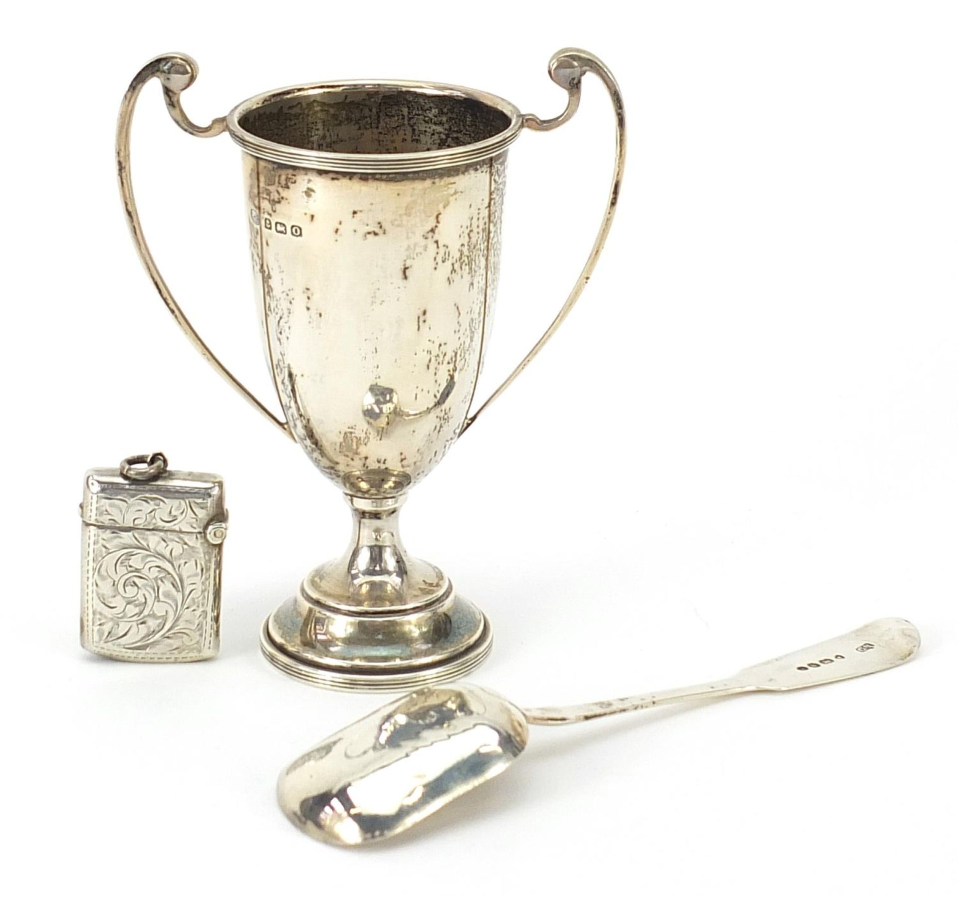 Victorian and later silver objects comprising preserve spoon, trophy with twin handles and vesta, - Image 3 of 10