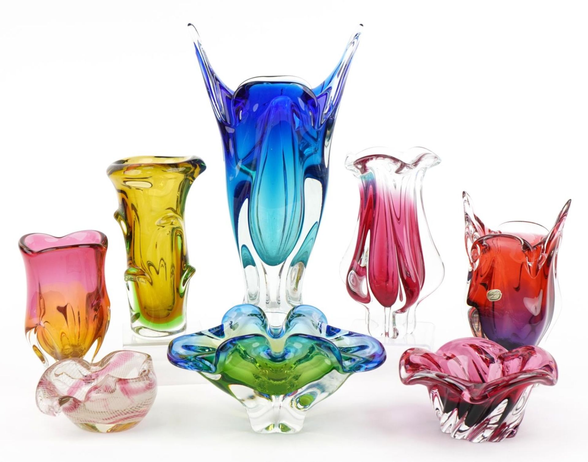 Czechoslovakian art glassware including Seguso style two colour glass vases, the largest 38cm high