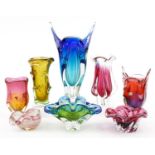 Czechoslovakian art glassware including Seguso style two colour glass vases, the largest 38cm high