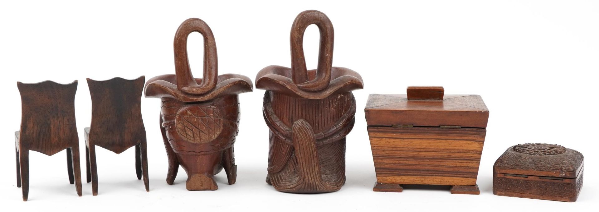 Woodenware including a rosewood casket and a pair of Indian figural cups, the largest 24cm high - Image 2 of 3