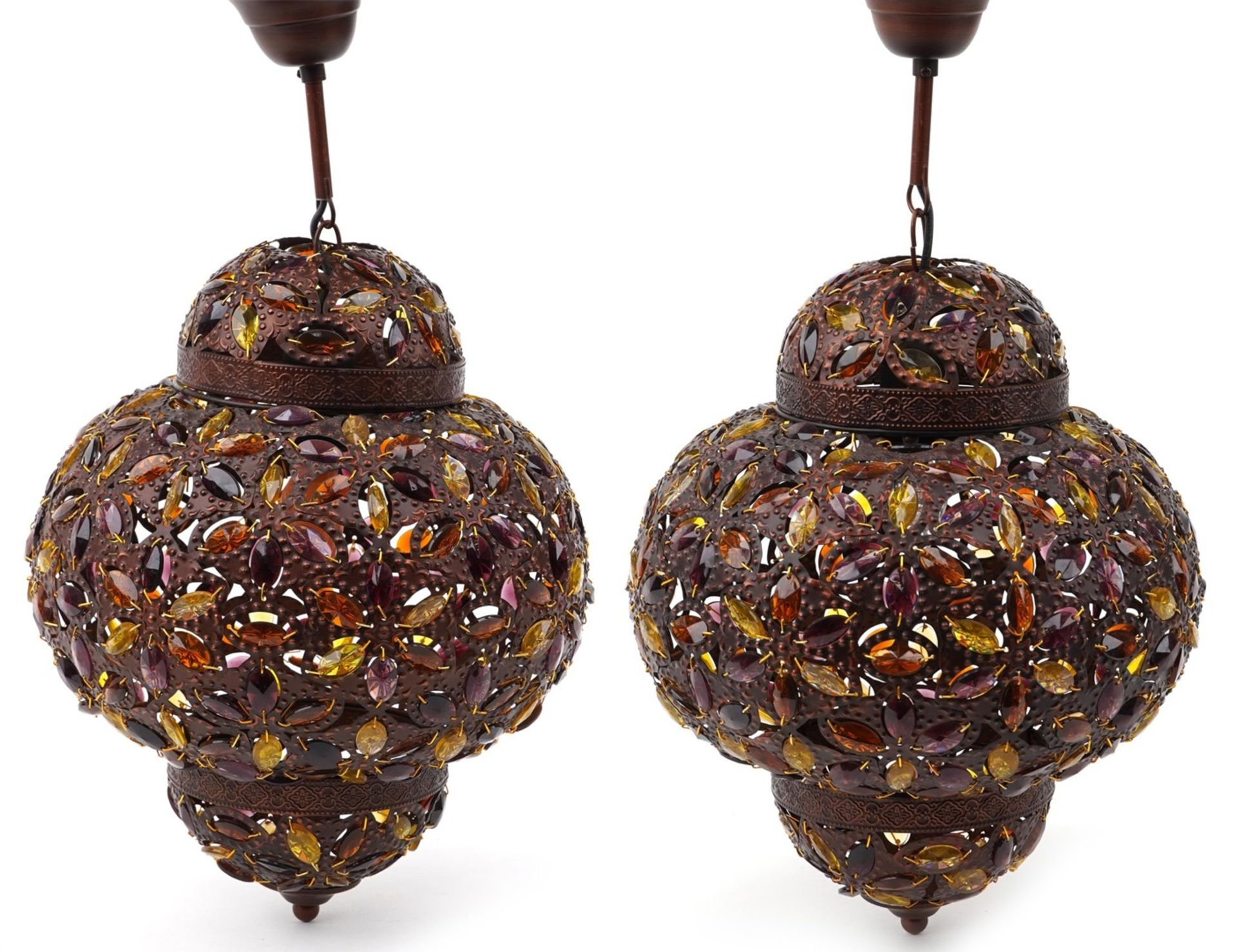 Pair of Moroccan bronzed light pendants with coloured glass beads, 50cm high - Image 2 of 12