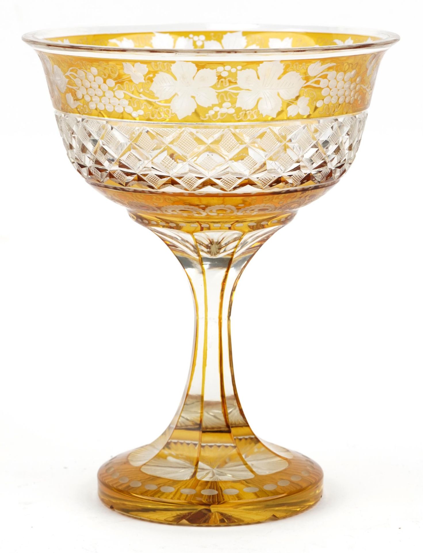 Bohemian amber flashed cut glass centre piece etched with leaves and berries, 26cm high