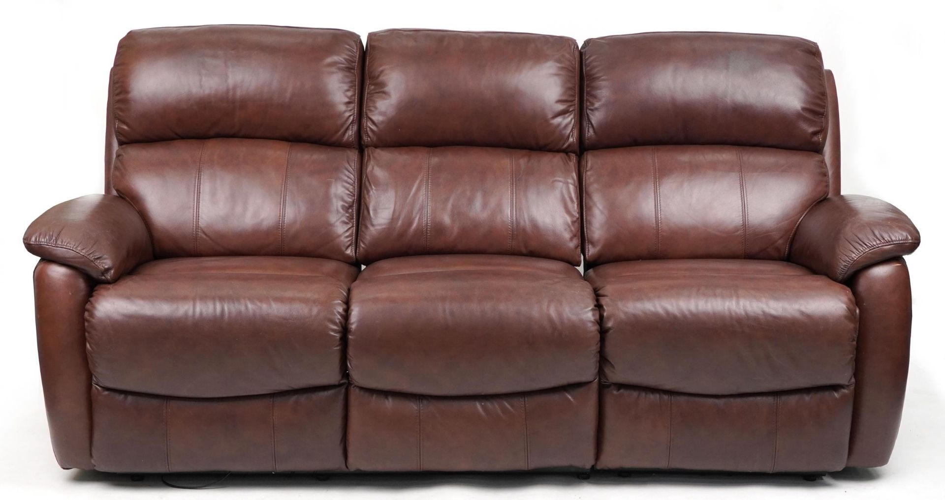 Contemporary brown leather three seater electric reclining sofa with USB charger ports, 205cm in