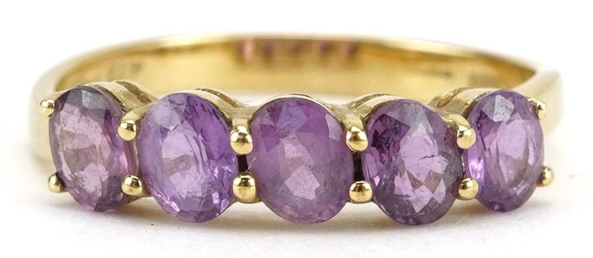 10k gold amethyst five stone ring, size N, 1.8g