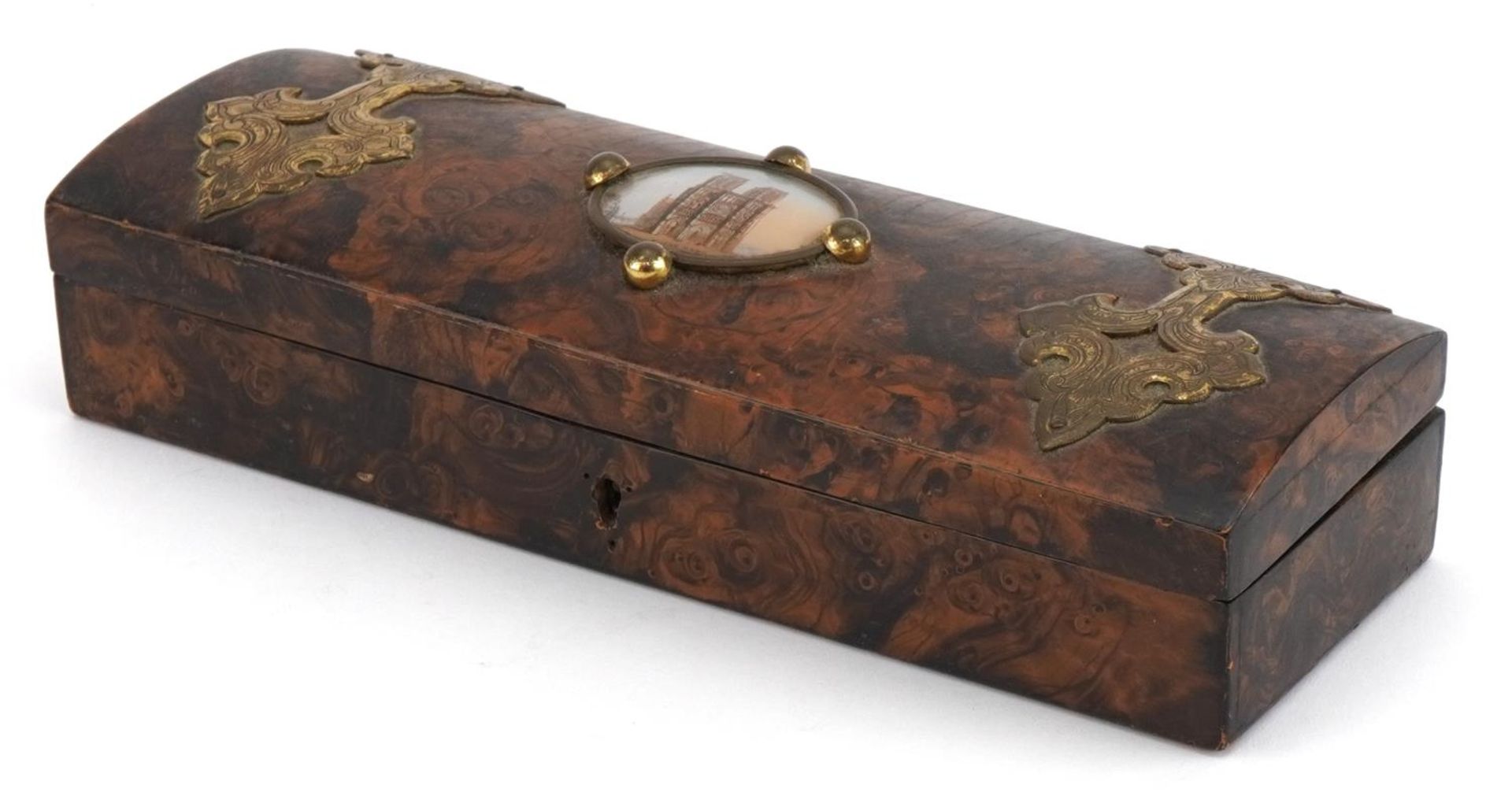 19th century burr dome topped glove box with applied brass strap work and oval panel depicting Notre