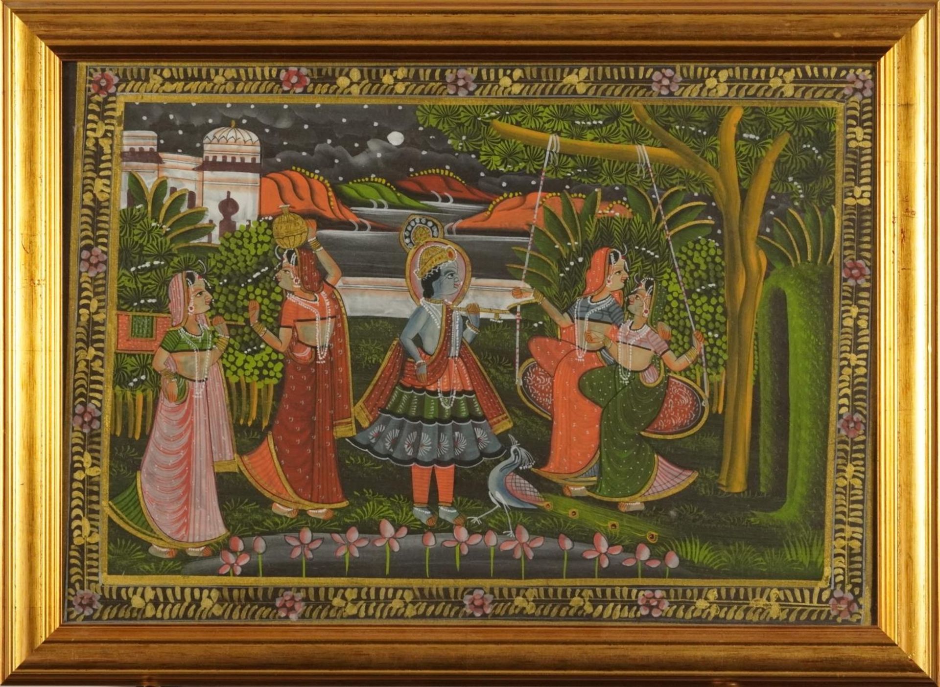 Females and attendants before landscapes, set of three Indian Mughal school watercolours, framed and - Bild 6 aus 10