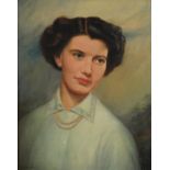 N Barker - Head and shoulders portrait of a female wearing a pearl necklace, oil on canvas board,