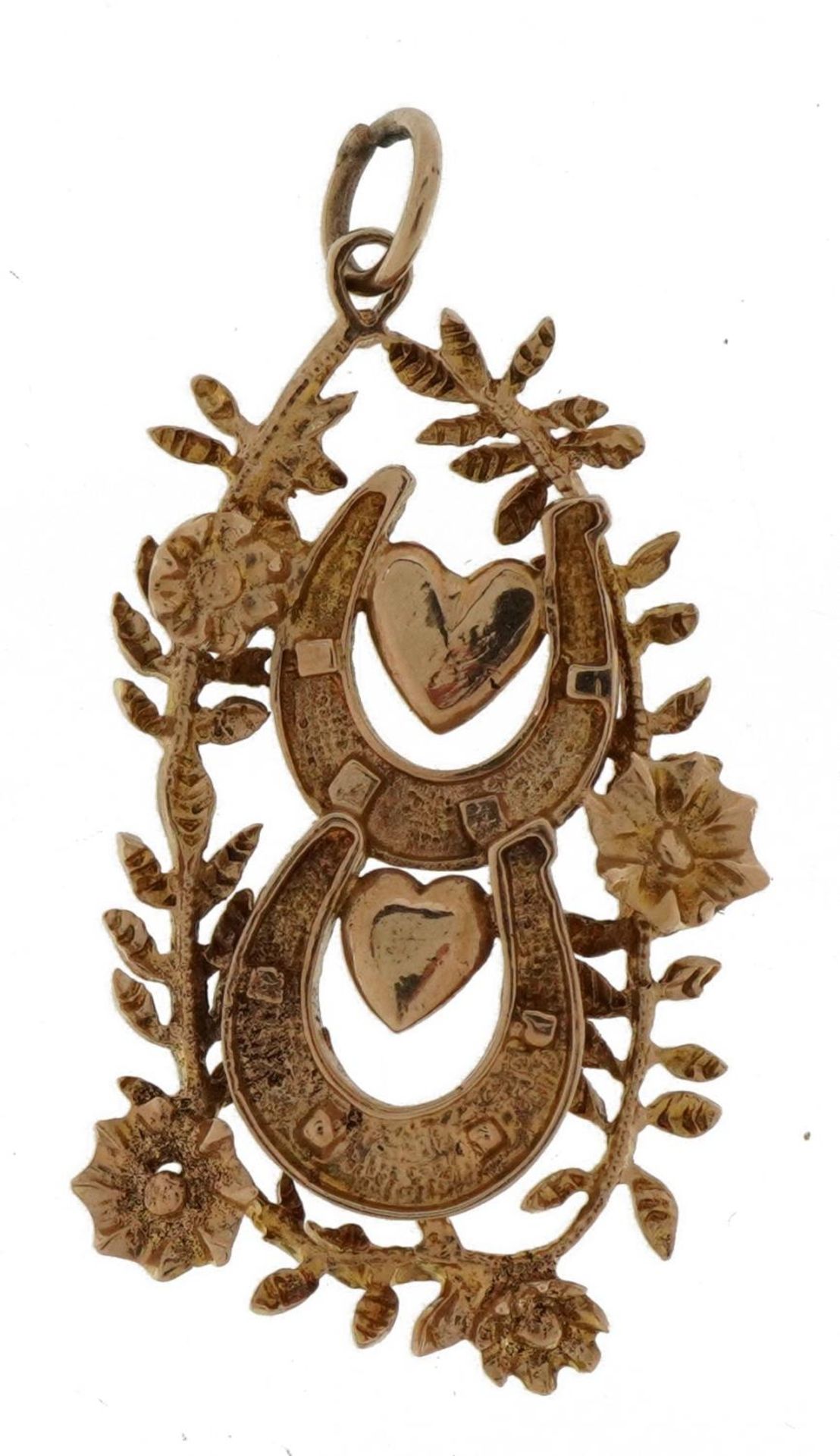 9ct gold double horseshoe love heart openwork pendant, 3.2cm high, 2.5g