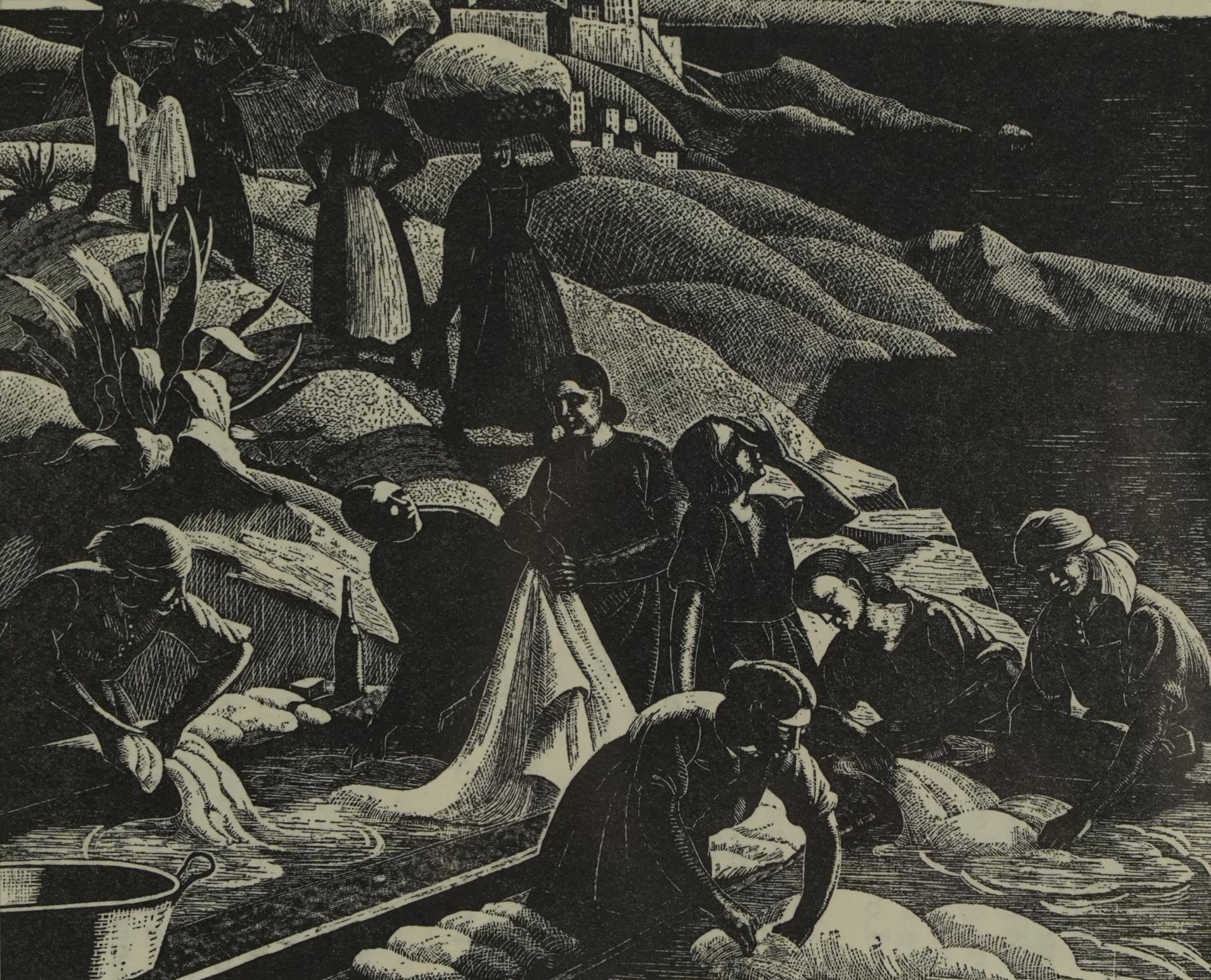 Clare Leighton - Corsican washerwoman, wood engraving, various inscriptions verso including