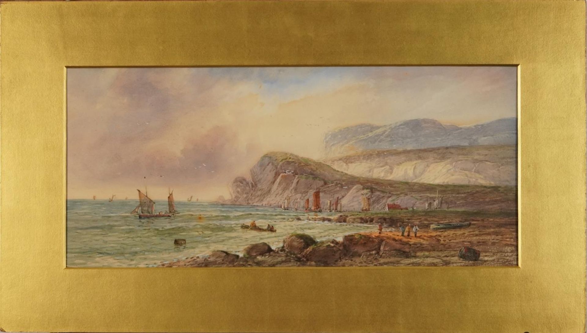 A Lewis 1904 - Coastal landscape with figures and fishing boats, early 20th century watercolour on - Image 2 of 4