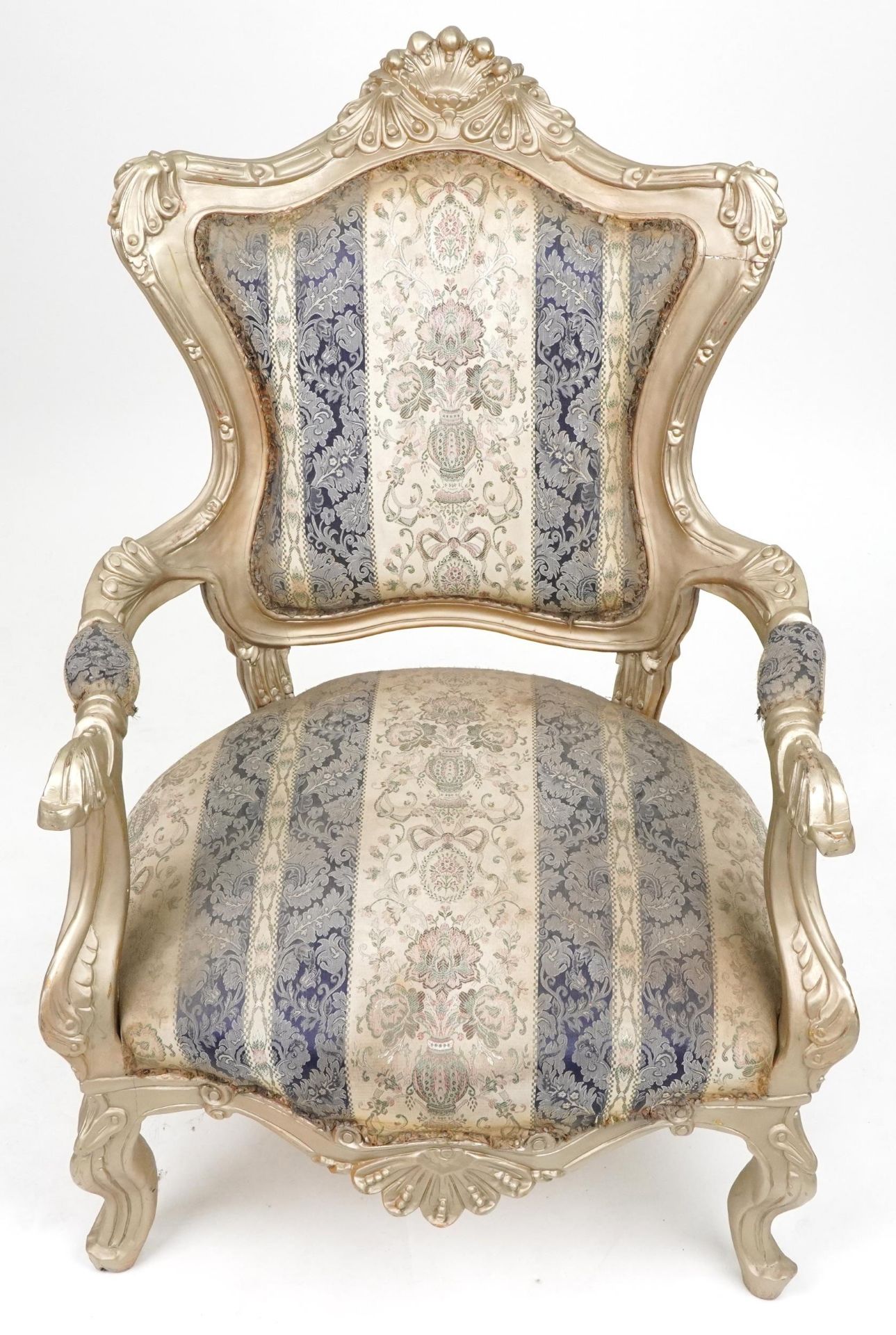 French style ornate gilt open armchair with blue and cream striped floral upholstery, 110cm high - Image 2 of 3