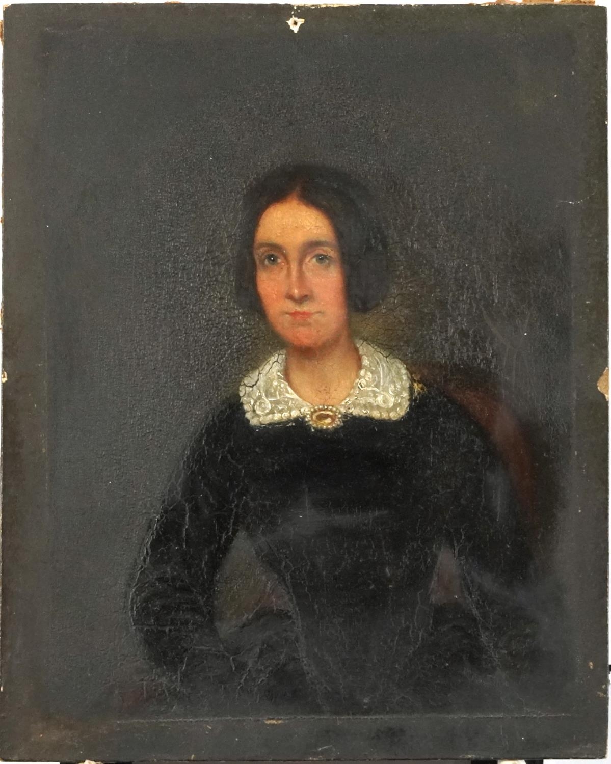 Half length portrait of a female wearing a black dress, possibly mourning, mid 19th century oil on - Image 3 of 8