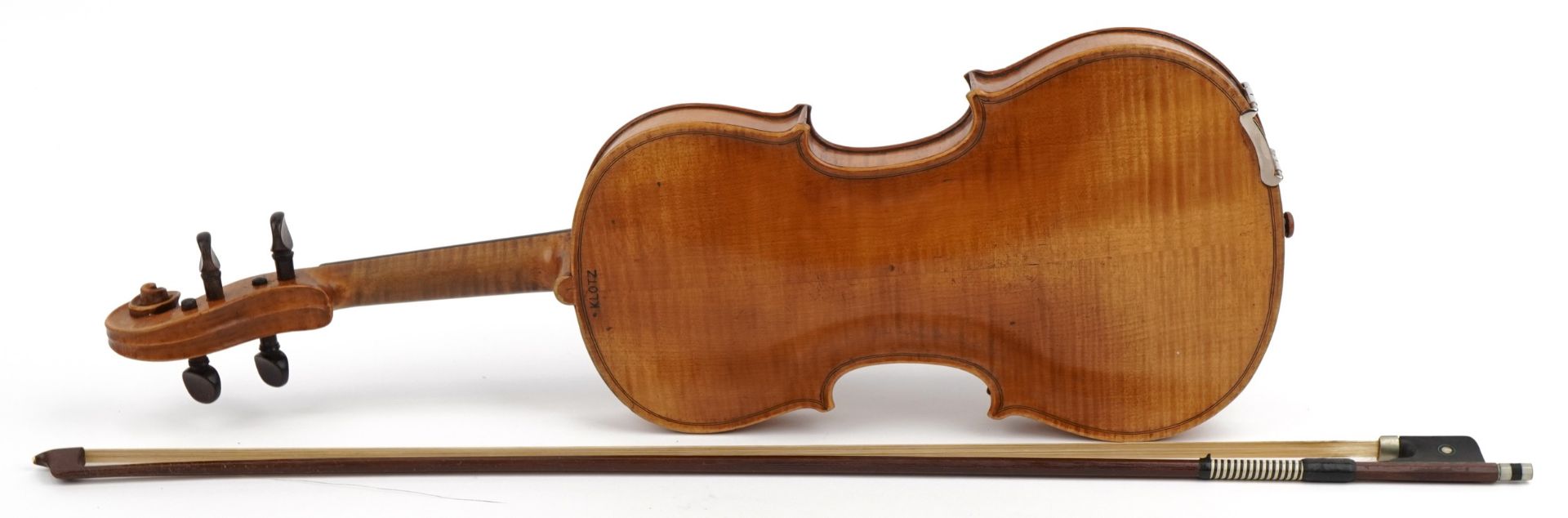 Old wooden violin with bow and protective case, the violin back impressed Klotz and 14 inches in - Image 5 of 12