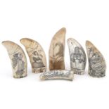 Six scrimshaw style decorative tusks decorated with figures and ships, the largest 16cm high