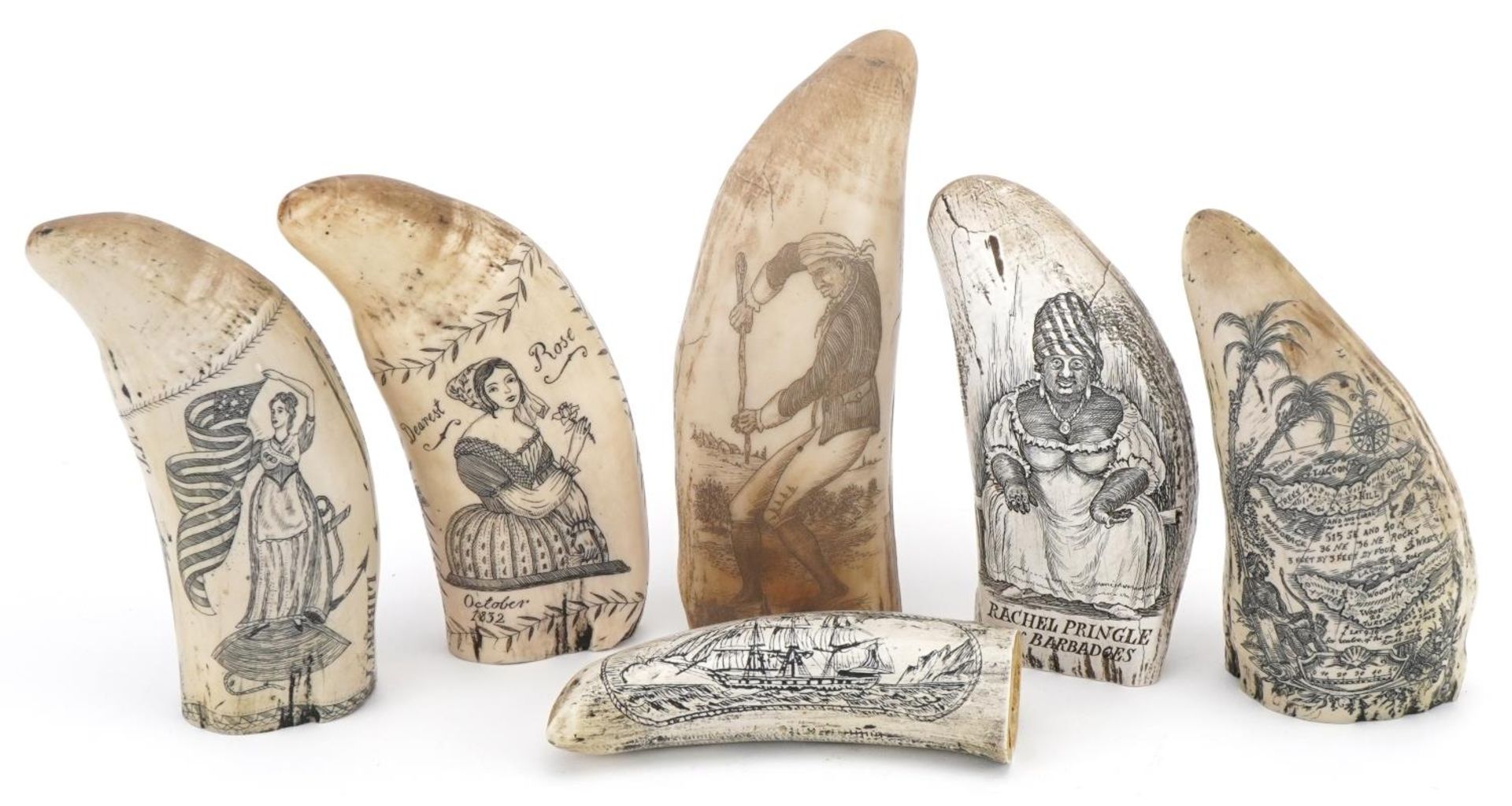 Six scrimshaw style decorative tusks decorated with figures and ships, the largest 16cm high