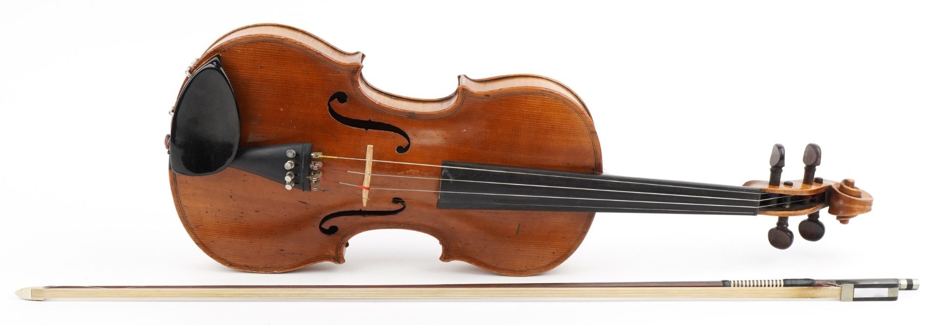 Old wooden violin with bow and protective case, the violin back impressed Klotz and 14 inches in