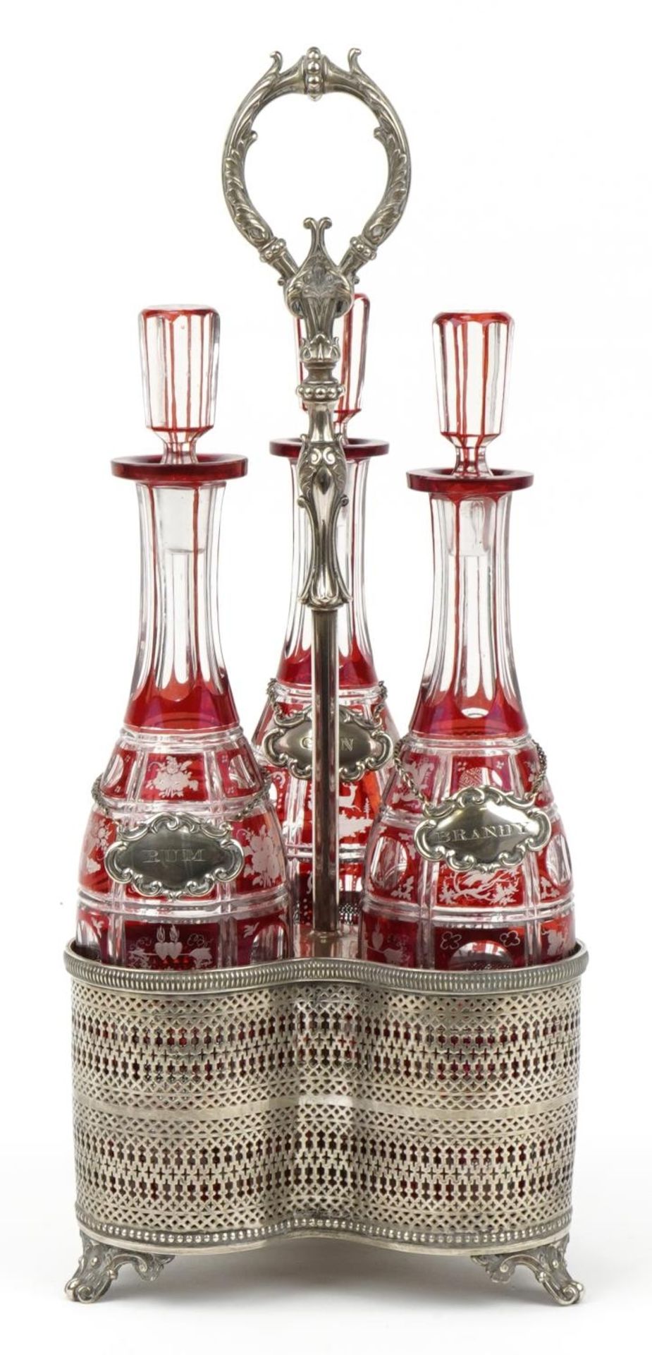 19th century silver plated three bottle tantalus housing three Bohemian ruby flashed cut glass - Image 2 of 6