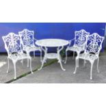 White painted aluminium garden table and four chairs, the table 67cm high x 87cm in diameter