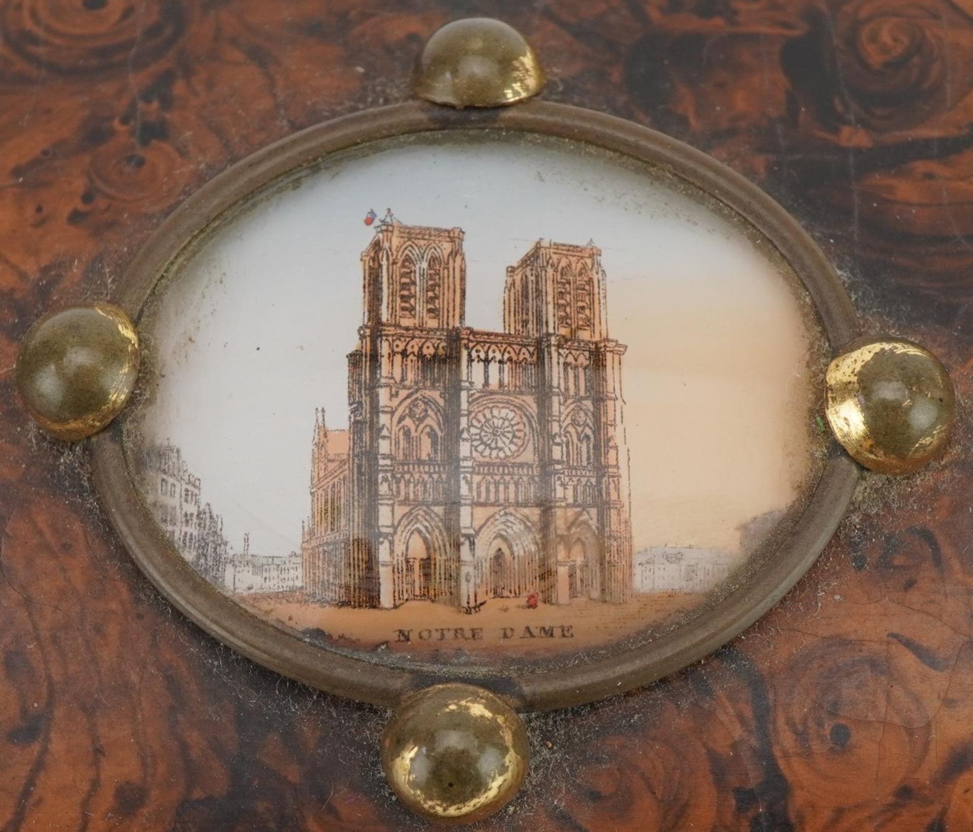 19th century burr dome topped glove box with applied brass strap work and oval panel depicting Notre - Image 5 of 10