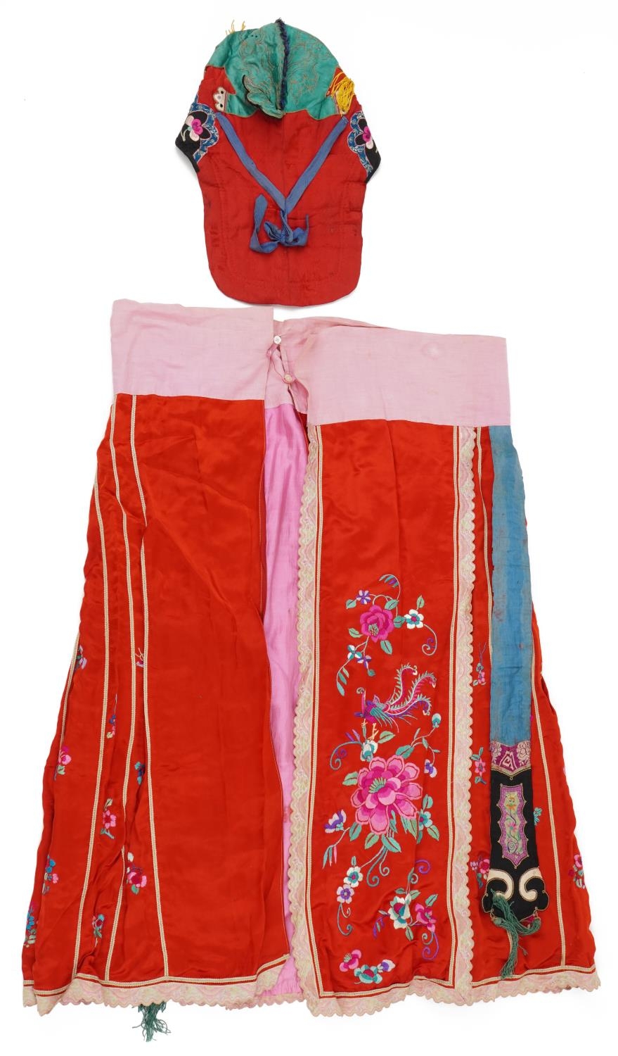 Chinese Canton silk skirt embroidered with flowers and a silk hat embroidered with a toad, the - Image 9 of 12