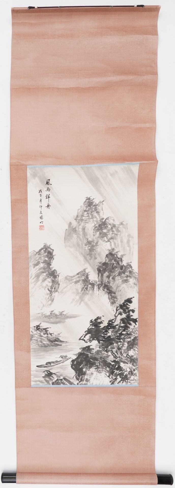 Chinese wall hanging scroll hand painted with a mountainous landscape, 68cm x 32cm - Image 3 of 10