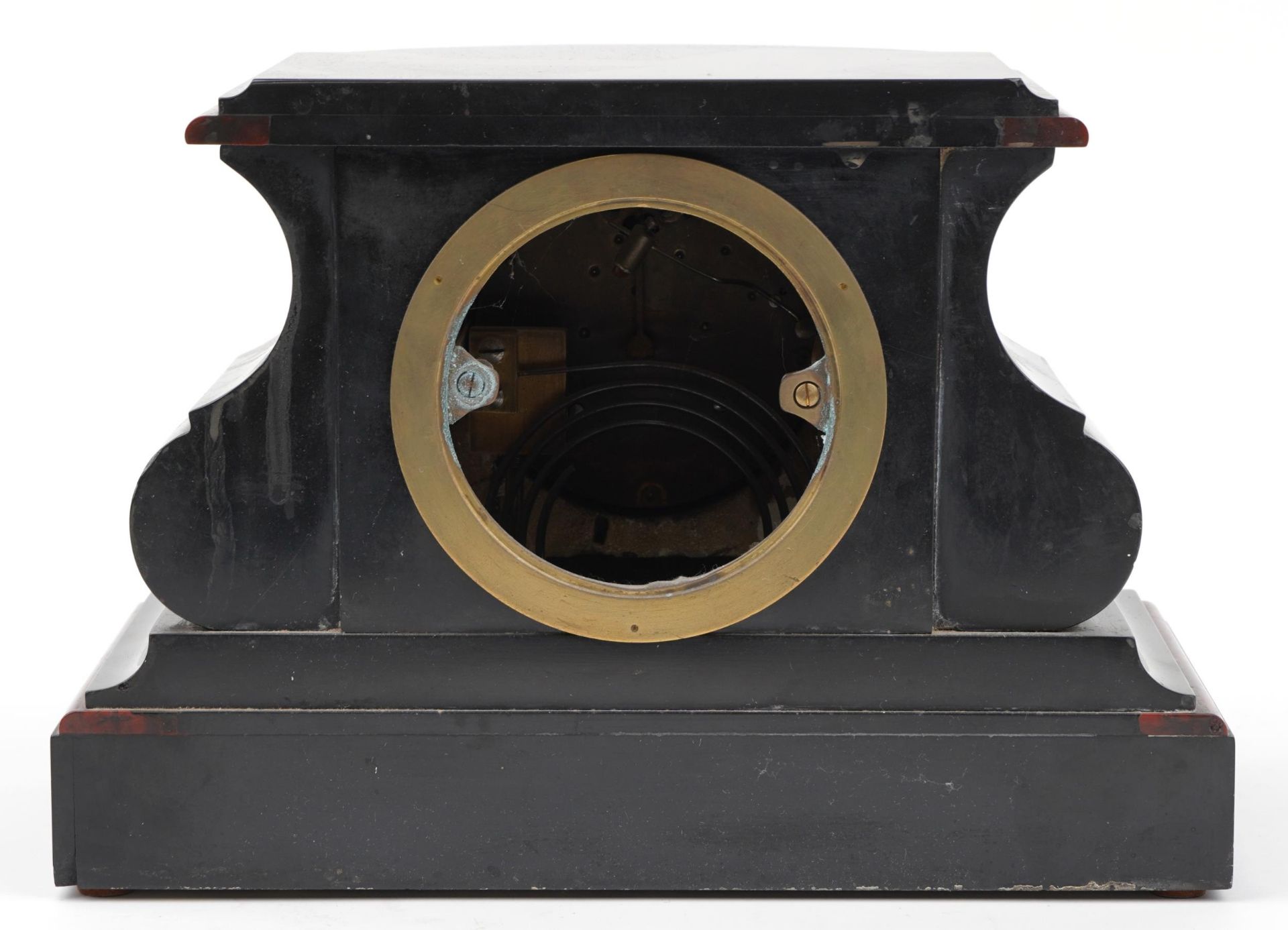 Victorian black slate and red marble mantle clock striking on a gong with circular enamelled dial - Image 4 of 8