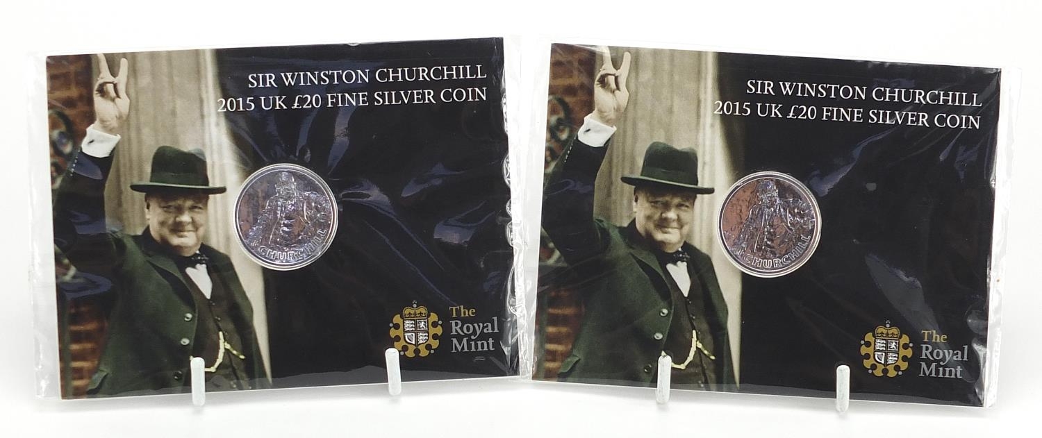 Two 2015 twenty pound fine silver coins by The Royal Mint commemorating Sir Winston Churchill