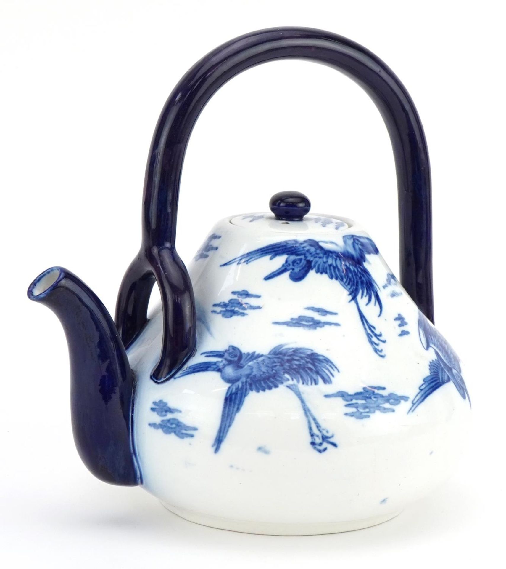 Attributed to Christopher Dresser for Minton, Victorian aesthetic teapot decorated with cranes