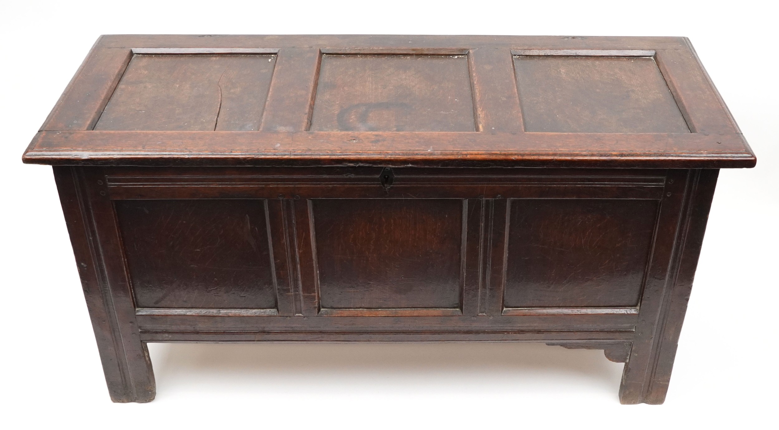 Late 17th century oak three panel coffer, 67cm H x 133cm W x 50cm D - Image 2 of 5