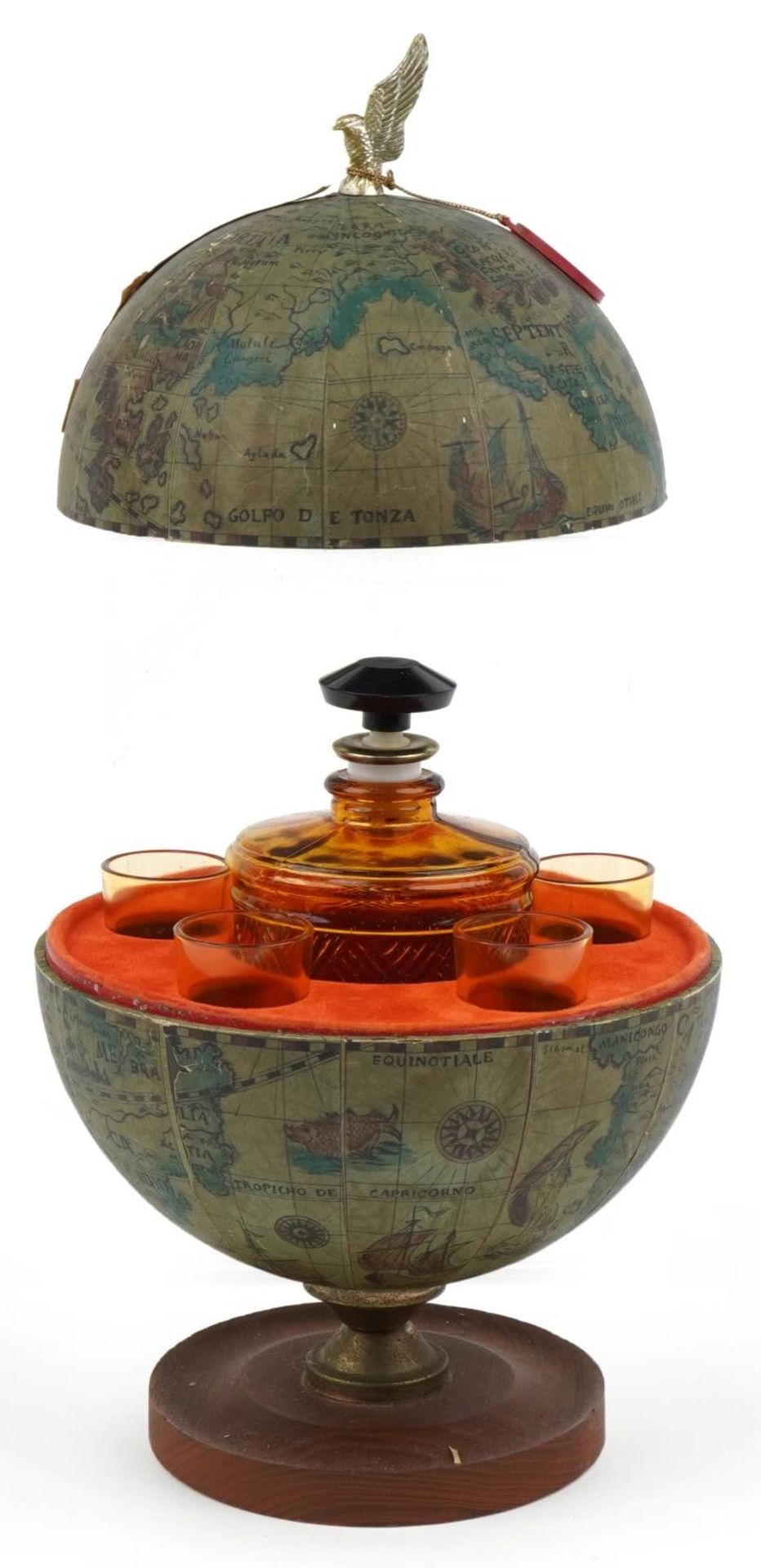 Novelty Golden Crown amber glass liqueur set and ice bucket in the form of table globes, 28.5cm