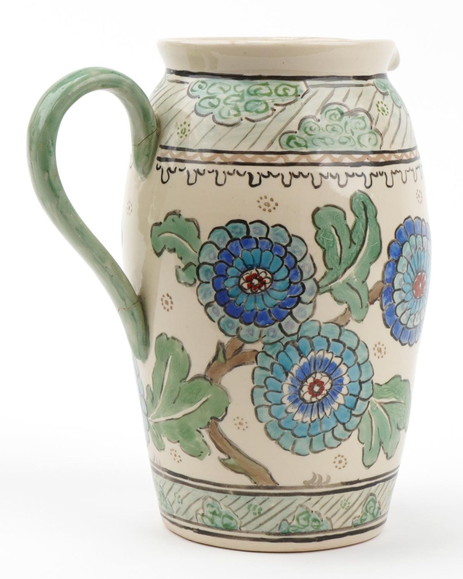 Manner of Charlotte Rhead, large Highwoods pottery jug hand painted with flowers, 30cm high - Image 2 of 3