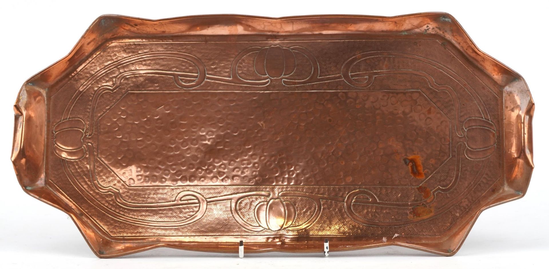 Art Nouveau copper tray engraved with stylised motifs, 49cm wide
