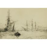 William Lionel Wyllie - HMS Victory and HMS Indomitable, pencil signed etching, mounted, framed