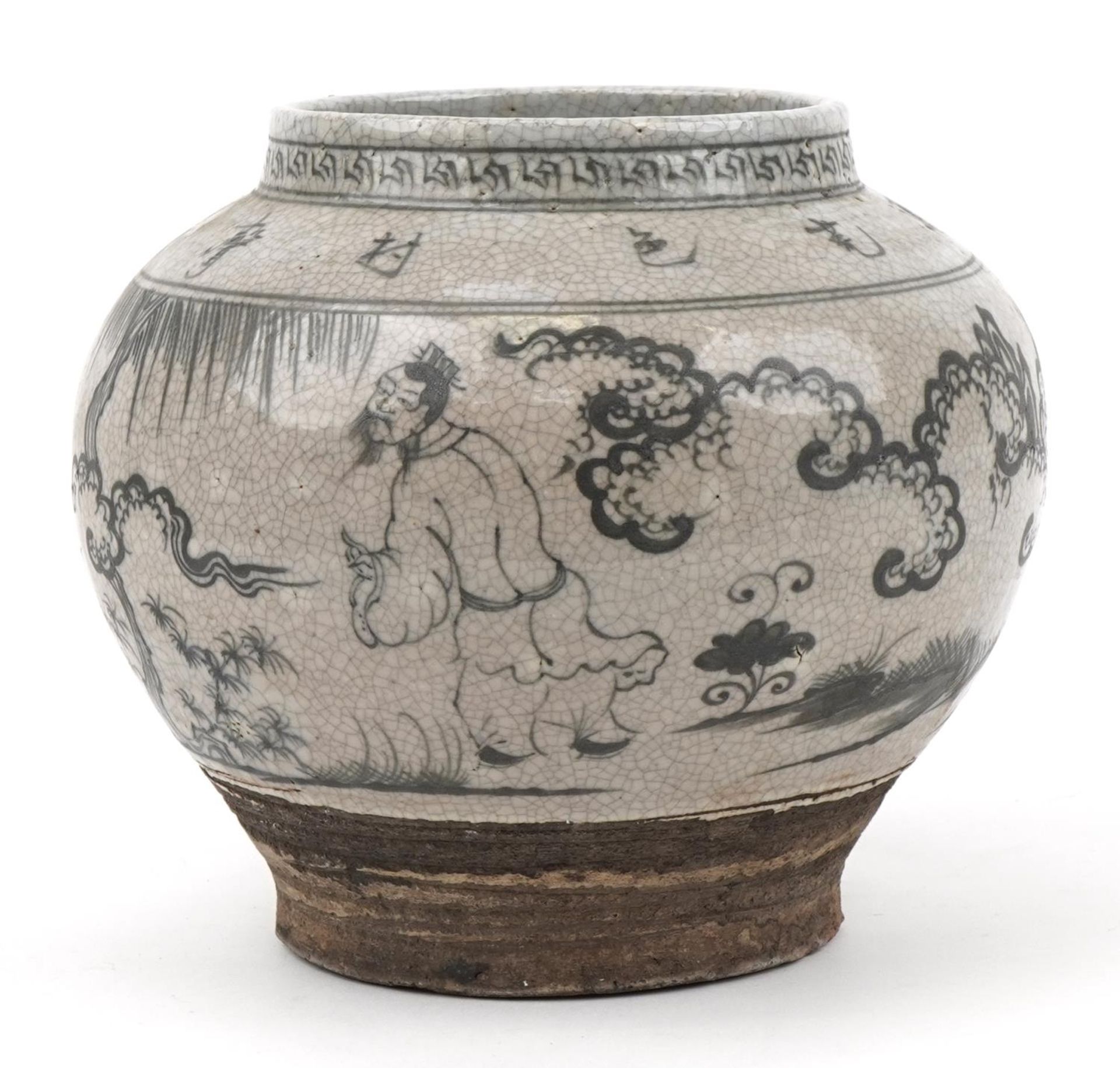 Chinese archaic style baluster jar hand painted with immortals in a landscape, 22cm high - Image 3 of 6