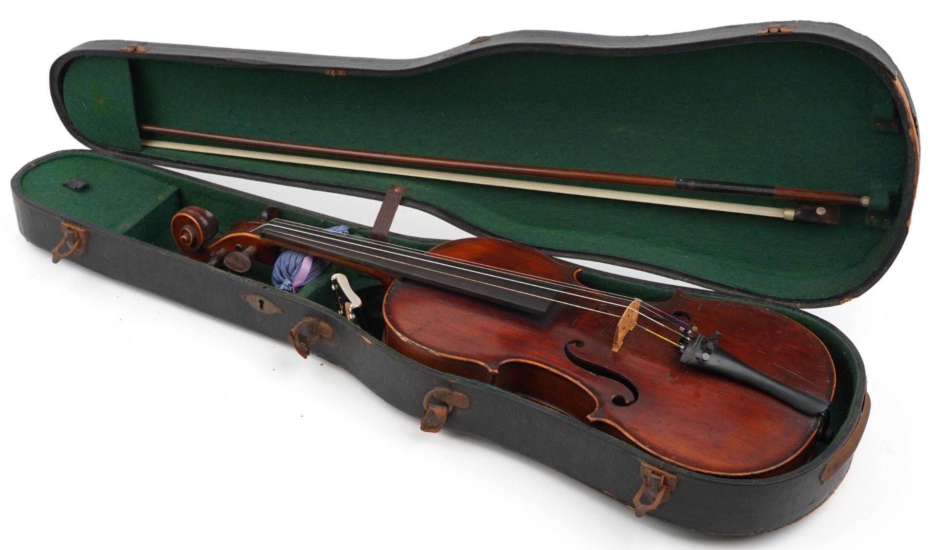 Old wooden violin with one piece back, the violin with rosewood mount and fitted carrying case, - Image 9 of 12