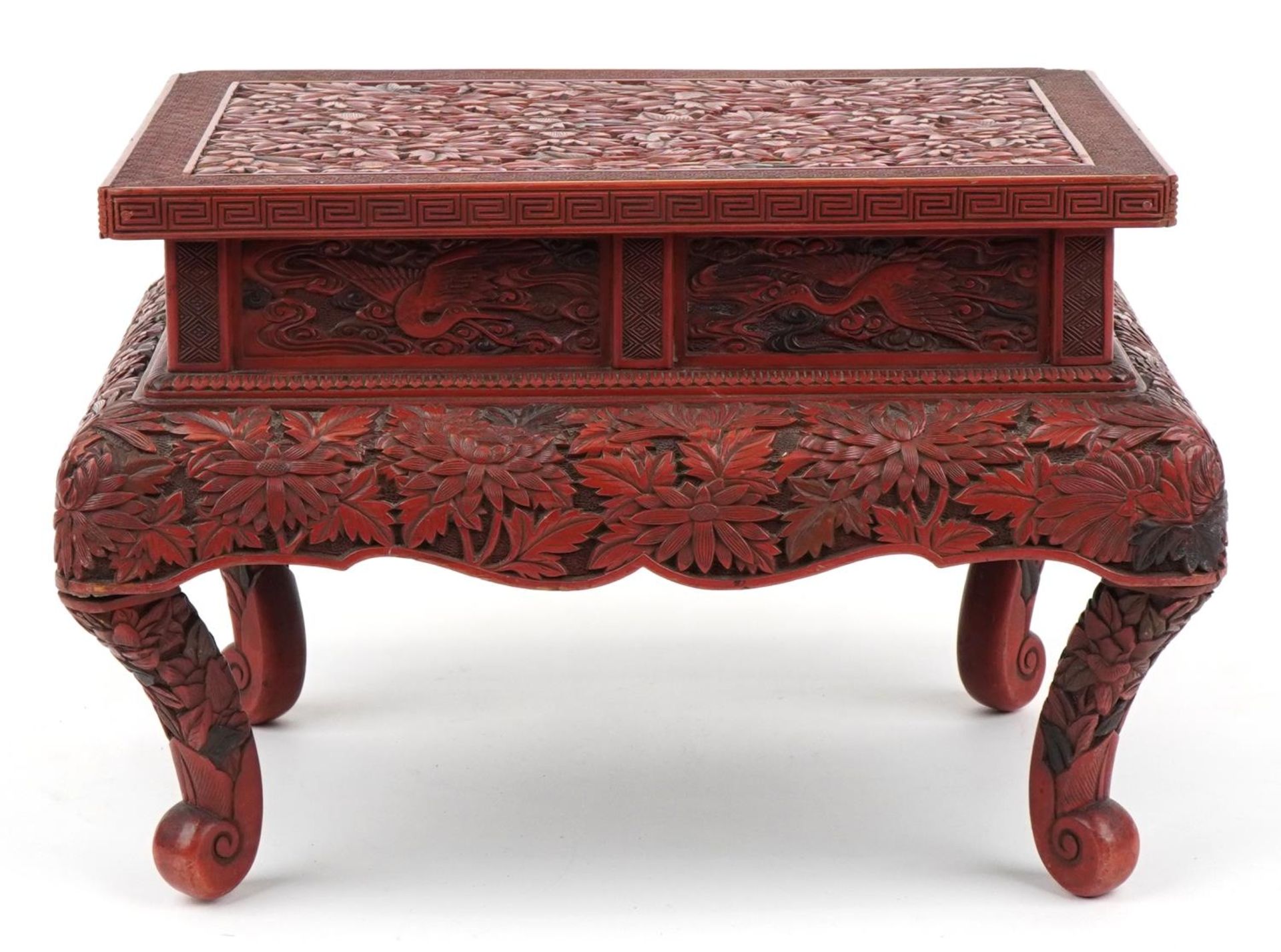 Large Chinese cinnabar lacquered stand profusely carved with chrysanthemums and phoenixes, 26cm H - Image 2 of 7
