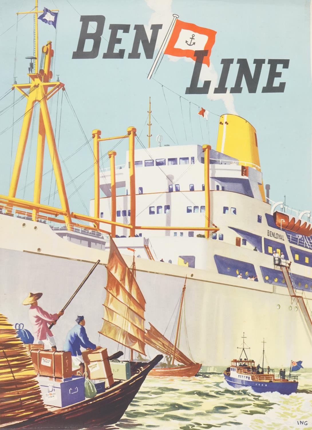 Vintage shipping interest Ben Line Cargo and Passenger Services Europe-Far East poster, designed