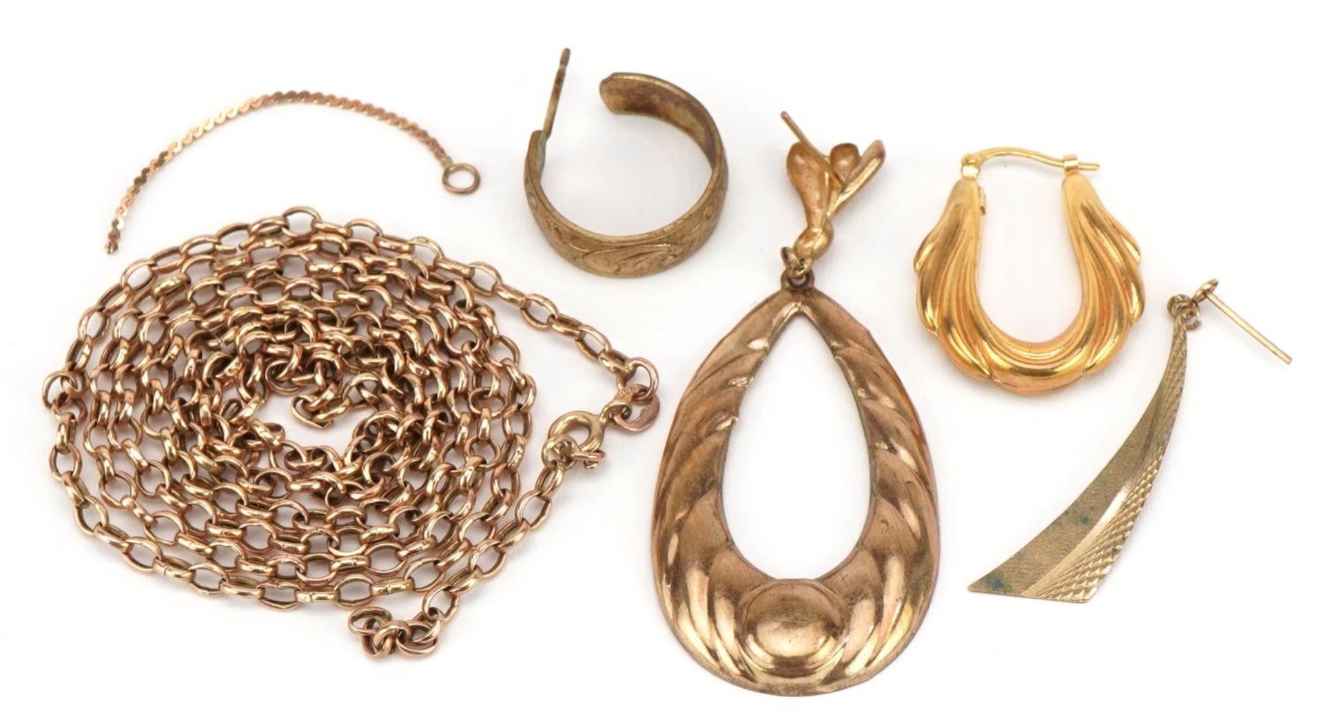 9ct gold and yellow metal jewellery including broken Belcher link necklace and hoop earring, total