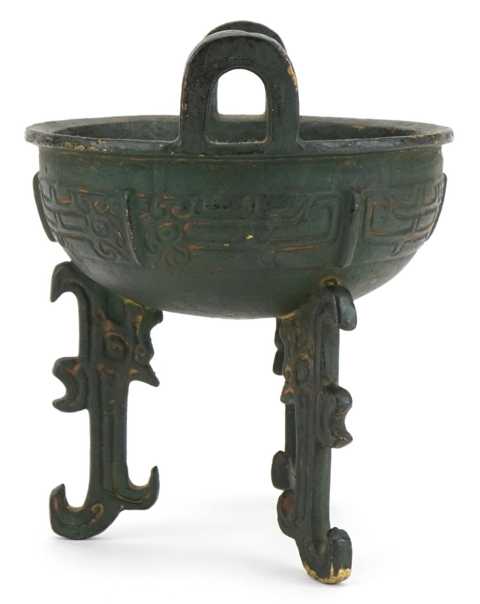Chinese archaic style bronzed tripod censer with twin handles, 18cm high - Image 2 of 6