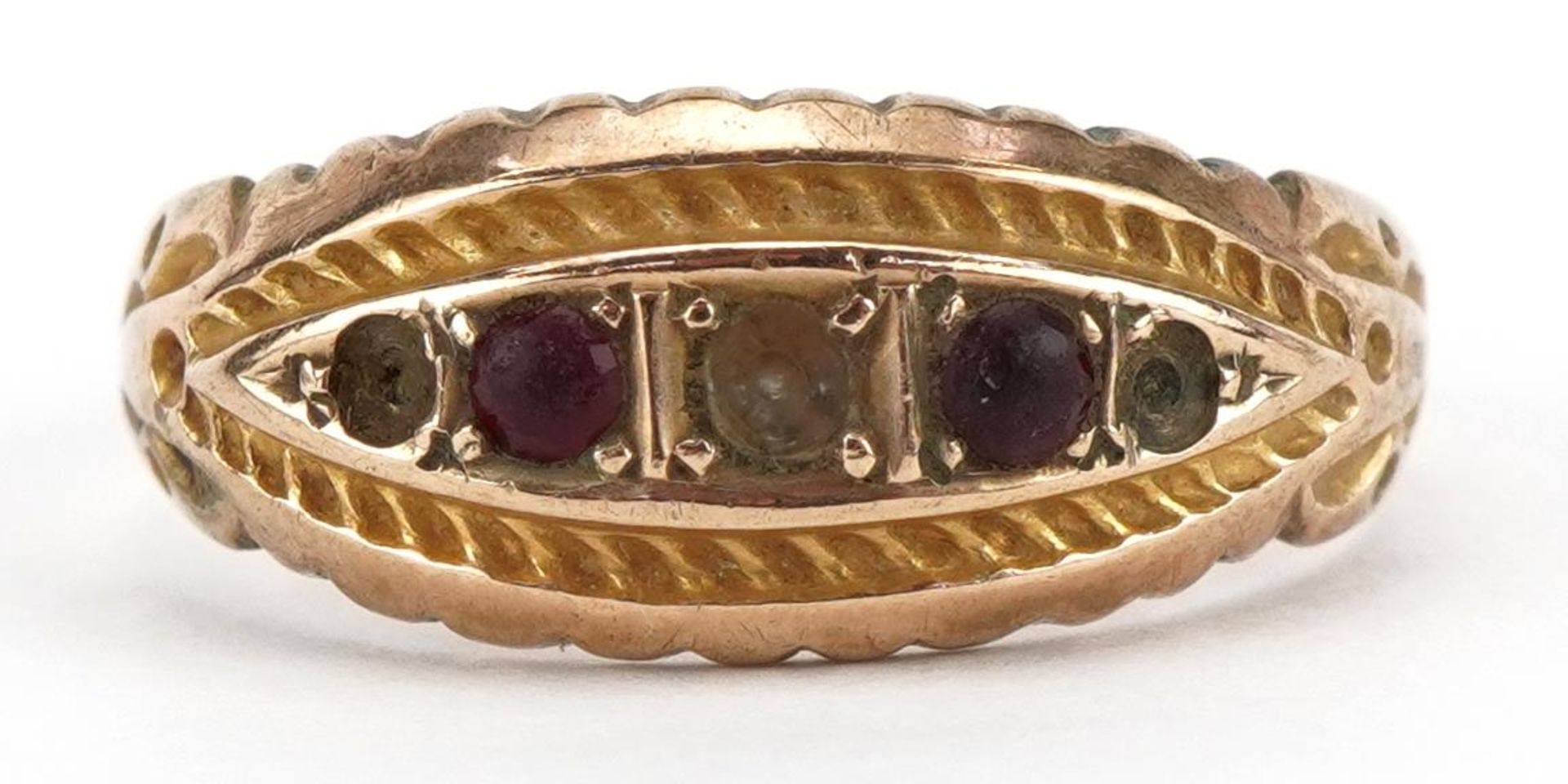 Edwardian 9ct gold boat ring set with two red stones, Chester 1902, size M, 1.9g