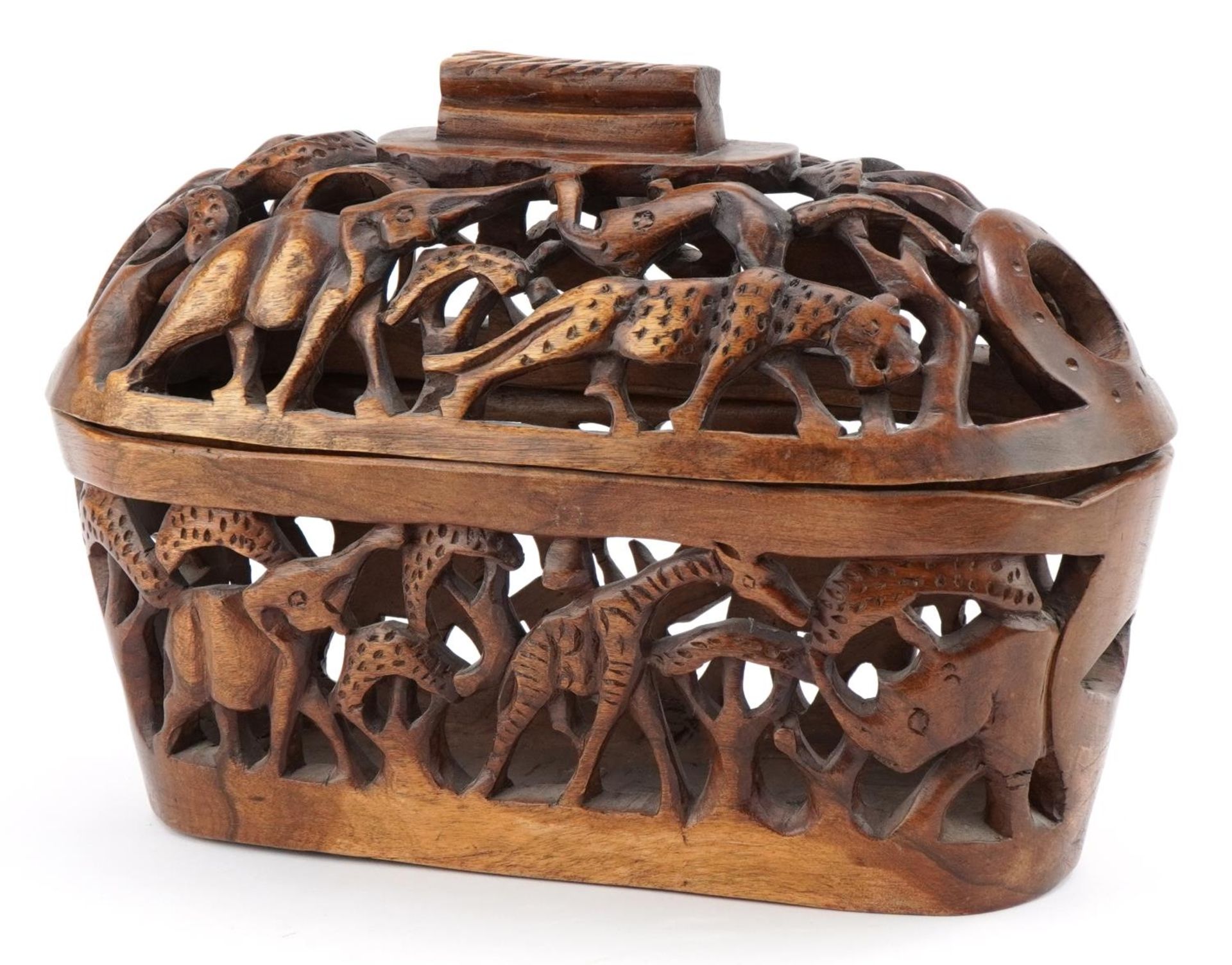 African pierced basket and cover carved with animals